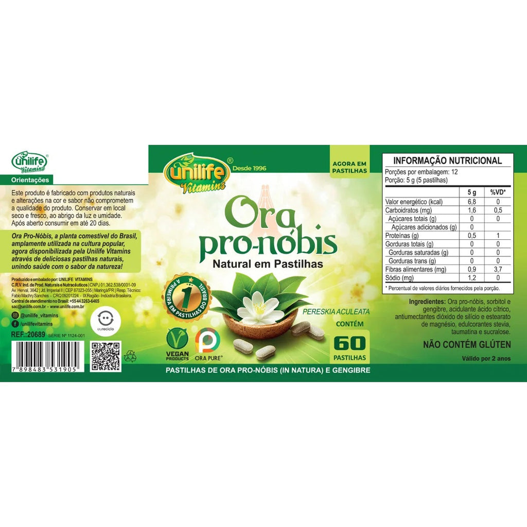 Unilife Natural Ora Pro-Nóbis and Ginger 60 Lozenges 1000mg