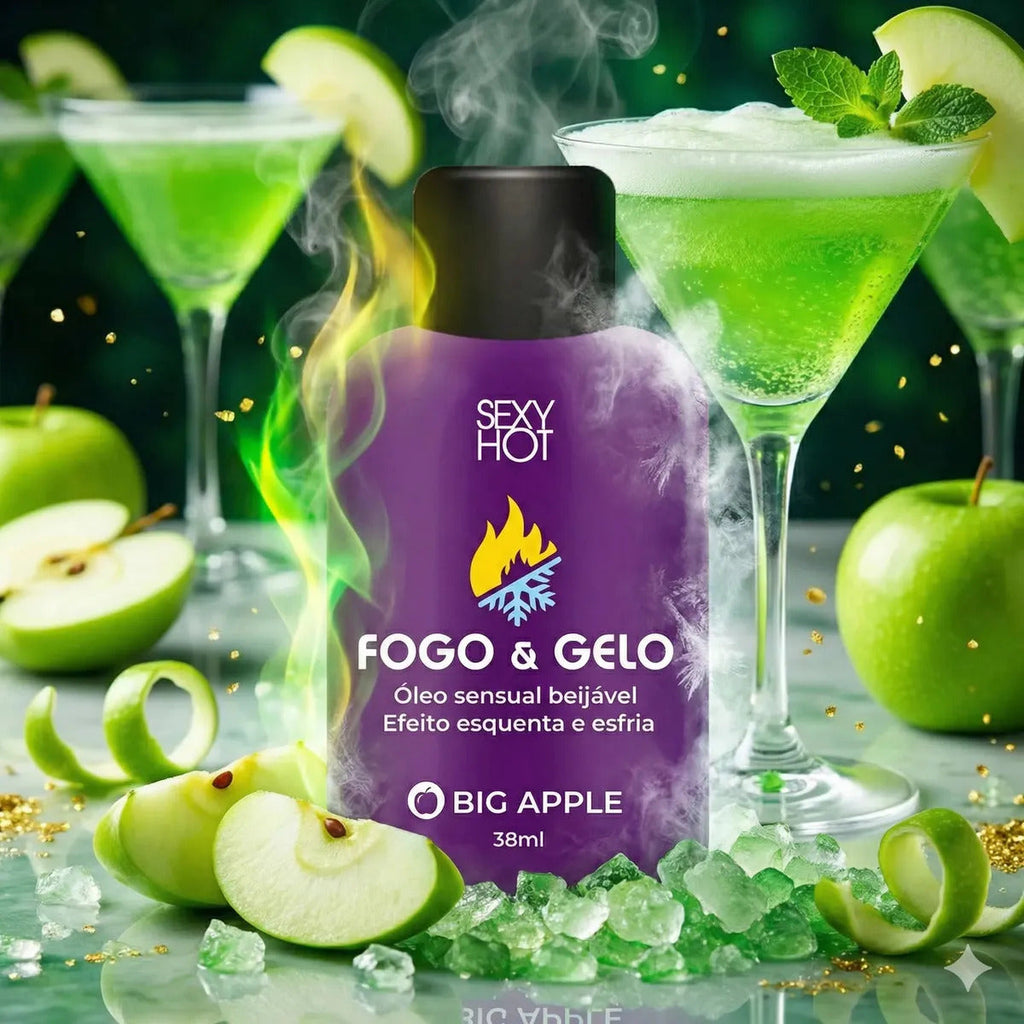 BuyBrazil Fogo e Gelo Big Apple Kissable Sensation Oil bottle with vibrant label, designed for smooth, flavored skin sensation.