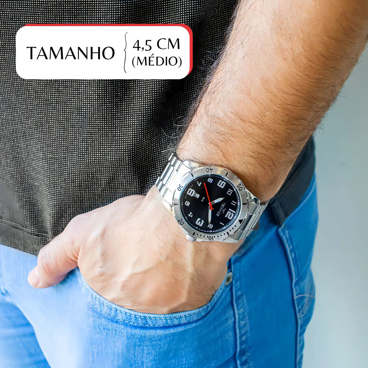 Relógio Technos Masculino 2115MYK/1P 45 Milímetros Prata Todo em Aço Inoxidável com Calendário e Prova D´Agua 50m