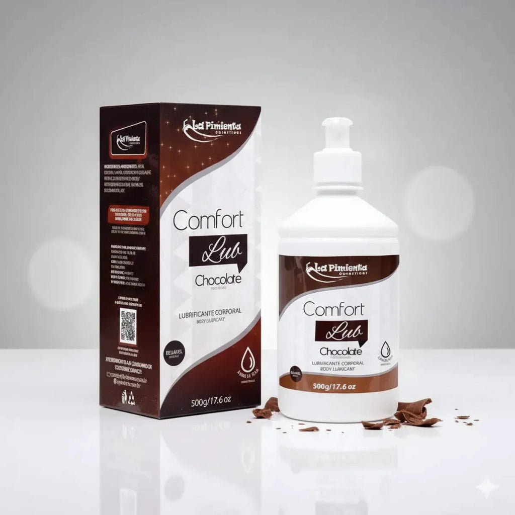 Water-based lubricant Comfort Lub La Pimienta in 500g chocolate flavor, shown in a clear container with chocolate color