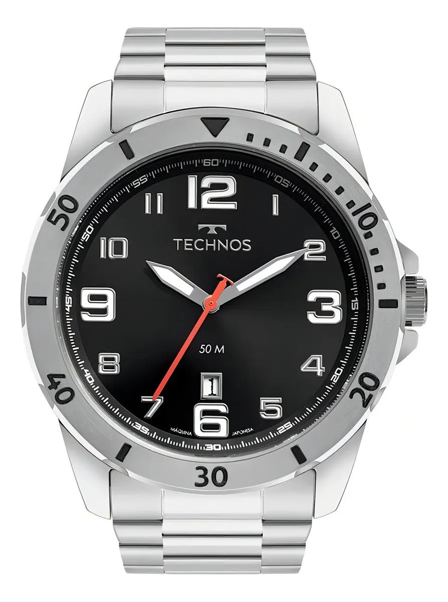 Relógio Technos Masculino 2115MYK/1P 45 Milímetros Prata Todo em Aço Inoxidável com Calendário e Prova D´Agua 50m
