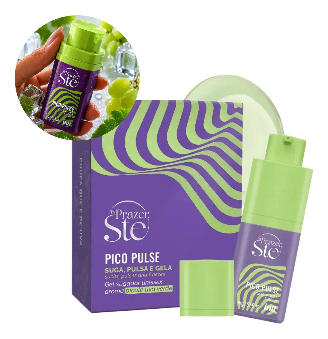 BuyBrazil Pico Pulse Gel Líquido Intt Picolé Uva Verde, colorful frozen grape-flavored ice treat in a clear container.
