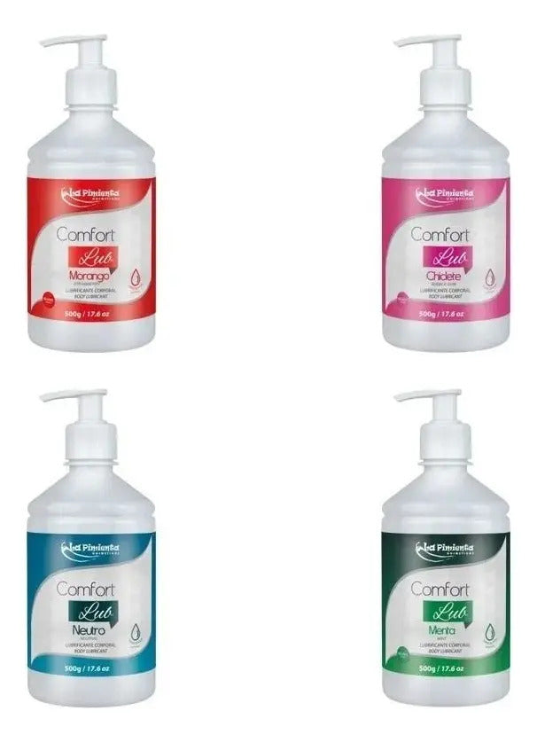 Gel Comfort Lub Aroma Morango by BuyBrazil, 500g water-based lubricant with strawberry scent, showing the gel in a clear container.