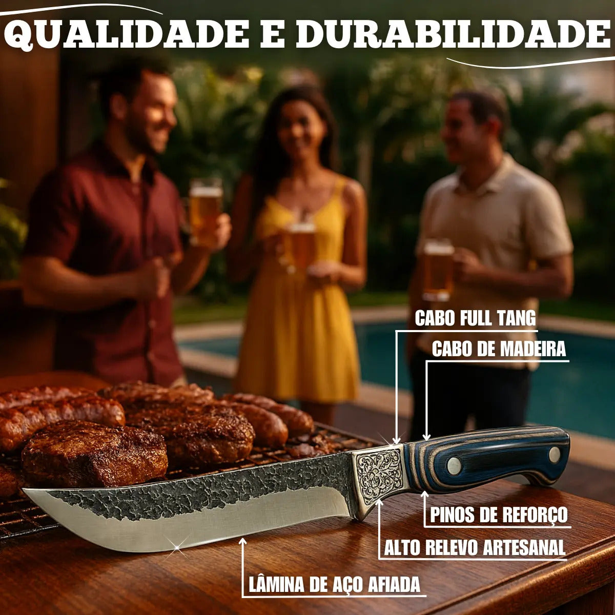 Kit Com Faca De Cozinha E Churrasco Artesanal Full Tang+ Bainha Couro Com Gravuras + Afiador Vermelho Abs Emborrachado Gourmet Premium Forjada A Mão Picanha Chef De Cozinha