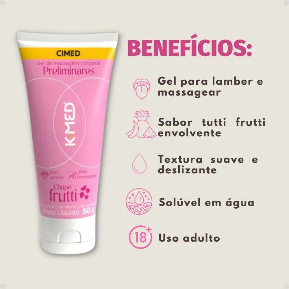 K-med Preliminares lubricant from Cimed in Tutti Frutti flavor, 50g, with colorful packaging and product label visible.