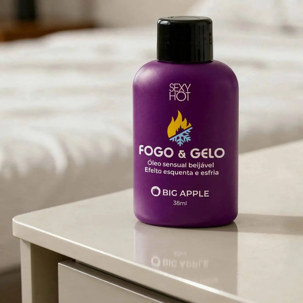 Fogo e Gelo Big Apple Kissable Sensation Oil by BuyBrazil, close-up of amber-colored bottle with product label.