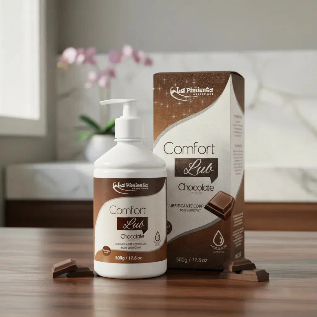 Water-based lubricating gel by Comfort Lub La Pimienta, chocolate flavor, 500g, suitable for intimate use.