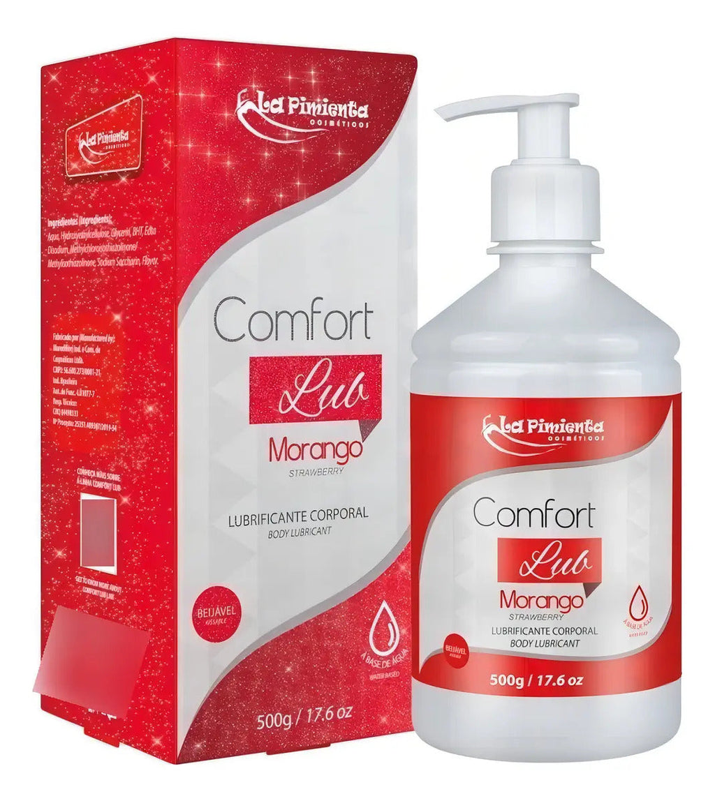 Gel Comfort Lub Aroma Morango by BuyBrazil, 500g water-based massage gel with strawberry scent, shown in a clear container.