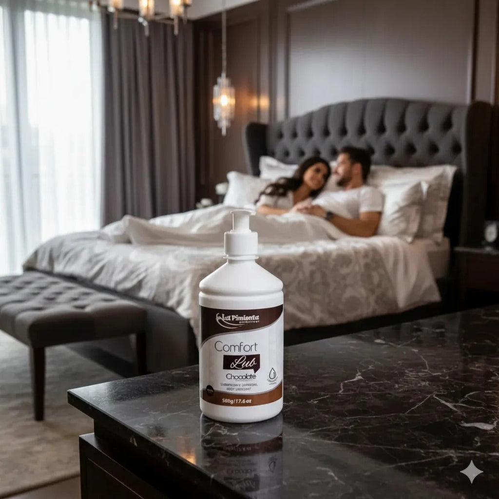 Chocolate-flavored water-based lubricant by BuyBrazil, 500g, in a clear container with a chocolate-colored liquid inside.