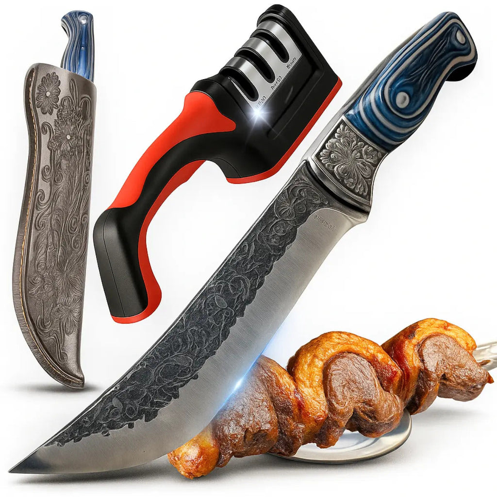 Kit Com Faca De Cozinha E Churrasco Artesanal Full Tang+ Bainha Couro Com Gravuras + Afiador Vermelho Abs Emborrachado Gourmet Premium Forjada A Mão Picanha Chef De Cozinha