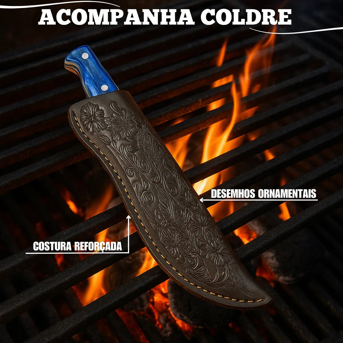Kit Com Faca De Cozinha E Churrasco Artesanal Full Tang+ Bainha Couro Com Gravuras + Afiador Vermelho Abs Emborrachado Gourmet Premium Forjada A Mão Picanha Chef De Cozinha