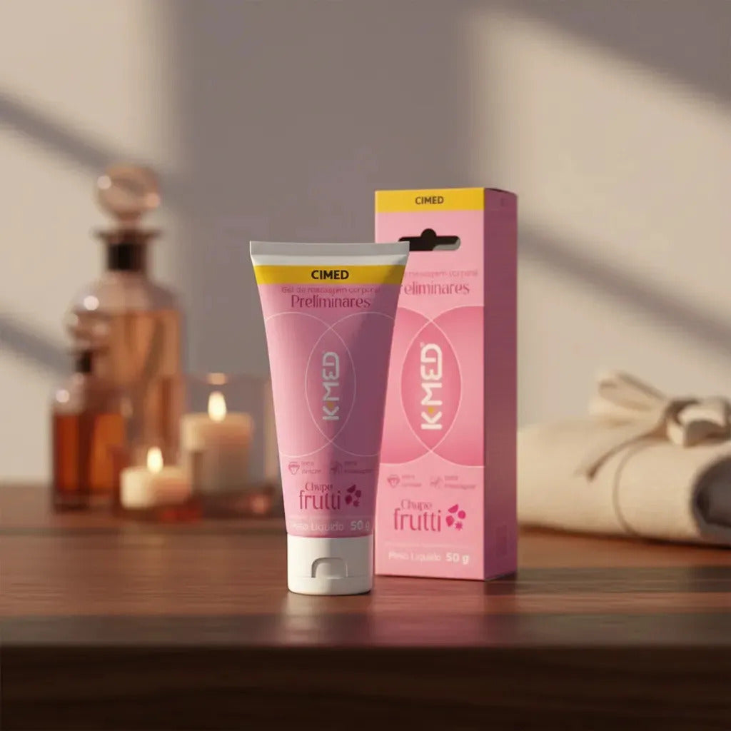 K-med Preliminares lubricant from Cimed in Tutti Frutti flavor, 50g, with colorful packaging and vibrant design.