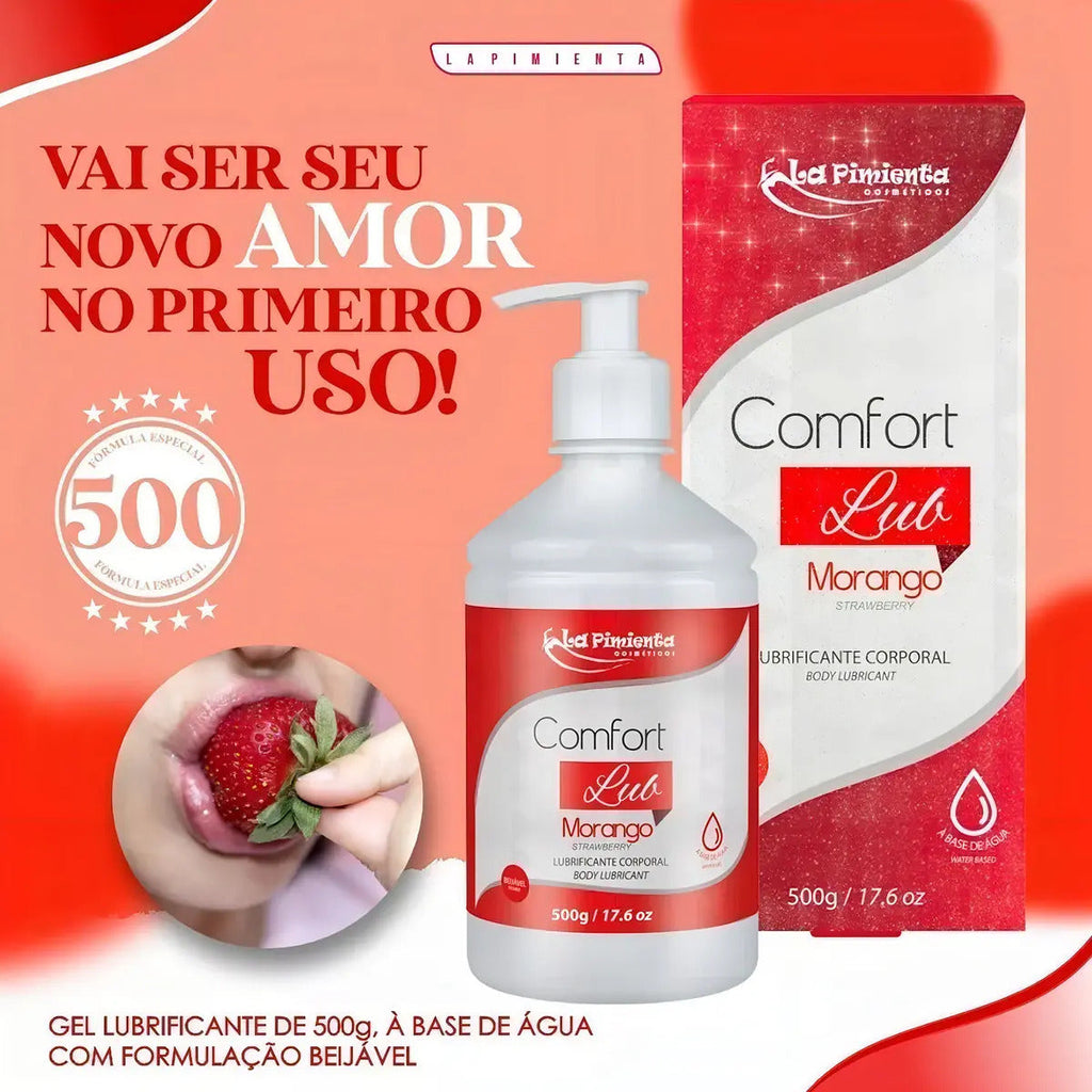 Morango flavored Gel Comfort Lub Aroma Morango, 500g, water-based lubricant by BuyBrazil, shown in a clear container.