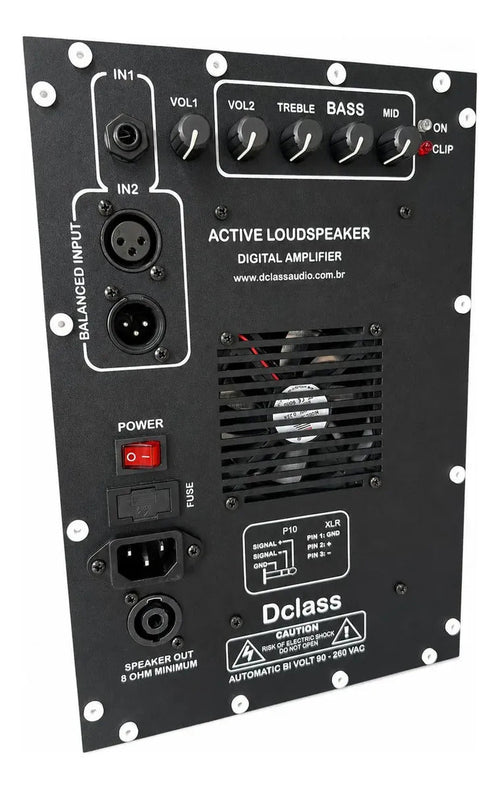 Black multiview amplifier panel from BuyBrazil with 700W RMS output, featuring power activation controls and display meters.