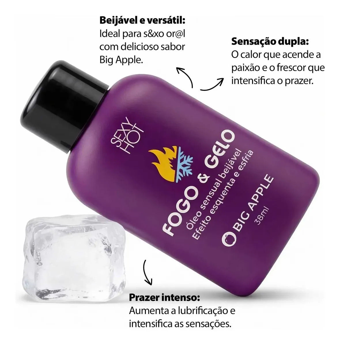 BuyBrazil Fogo e Gelo Big Apple Kissable Sensation Oil bottle with pink and green packaging and a dropper cap.