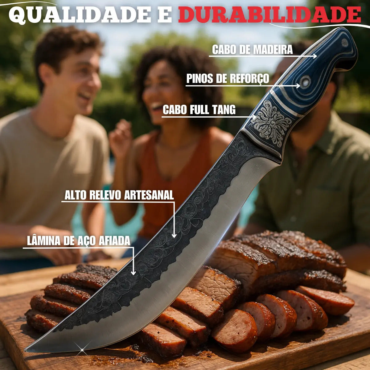 Kit Com Faca De Cozinha E Churrasco Artesanal Full Tang+ Bainha Couro Com Gravuras + Afiador Vermelho Abs Emborrachado Gourmet Premium Forjada A Mão Picanha Chef De Cozinha