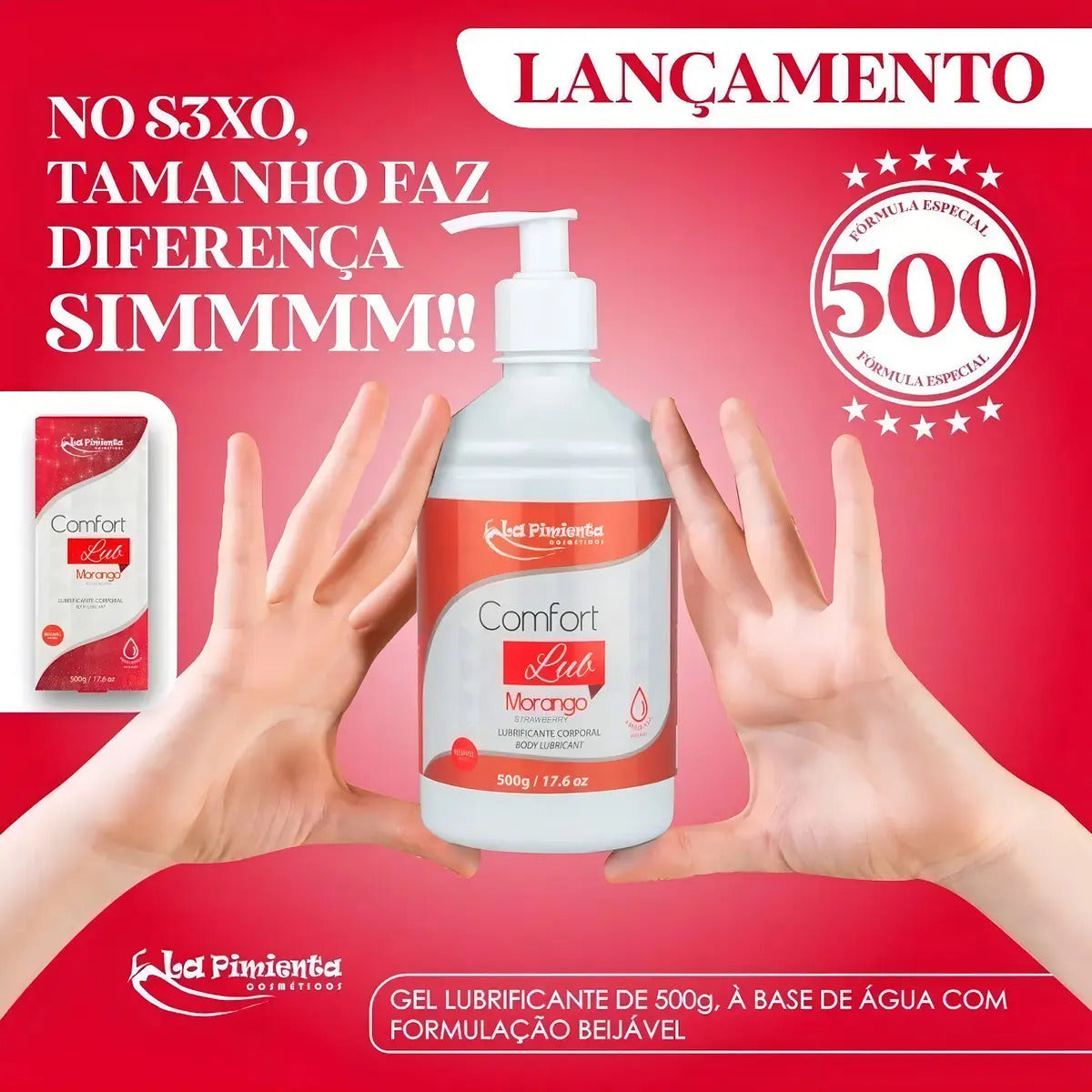 Gel Comfort Lub Aroma Morango by BuyBrazil, water-based 500g tube featuring strawberry scent and smooth, moisturizing texture.