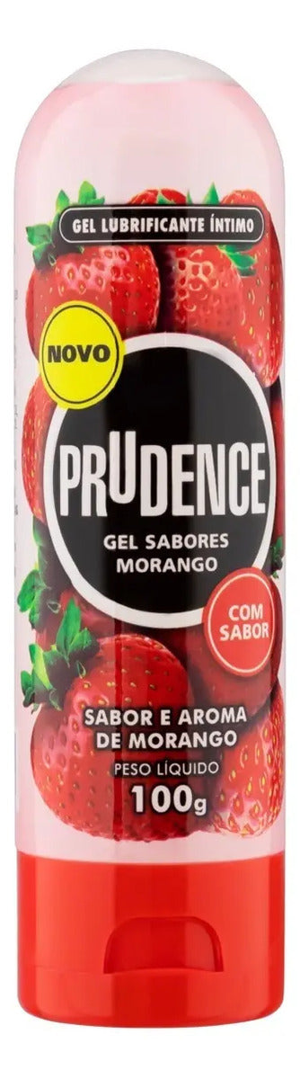 Strawberry-flavored intimate gel lubricant in a 100g Prudence bottle, with a clear container and red cap, on a white background.