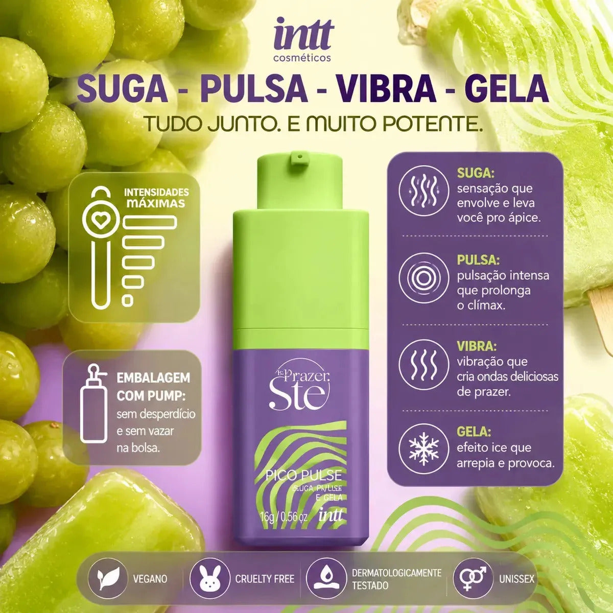BuyBrazil Pico Pulse Gel Líquido Picolé Uva Verde, vibrant purple ice pop with grape flavor in a clear plastic wrapper.