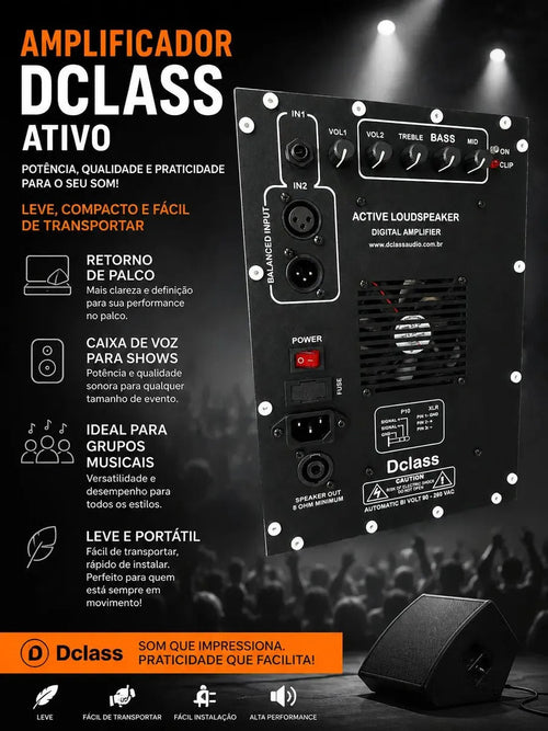 BuyBrazil multivias amplifier panel in black with 700W RMS output, featuring multiple input options for audio amplification.