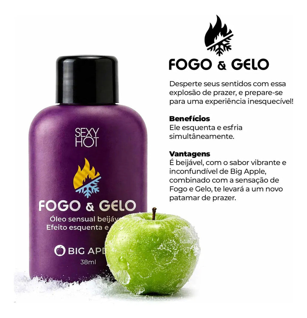 BuyBrazil Fogo e Gelo Big Apple Kissable Sensation Oil bottle held in hand, showcasing the product’s vibrant label and packaging.