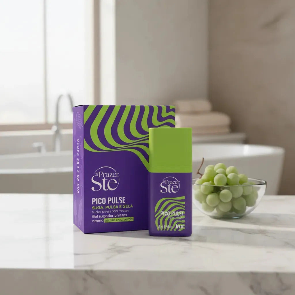 BuyBrazil Pico Pulse Gel Líquido Intt Picolé Uva Verde, vibrant purple grape ice pop in a clear packaging.
