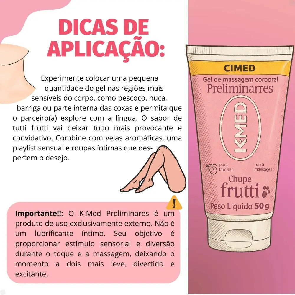 K-med Preliminares lubricant from Cimed in Tutti Frutti flavor, 50g, with a close-up of the flavored, smooth gel container.