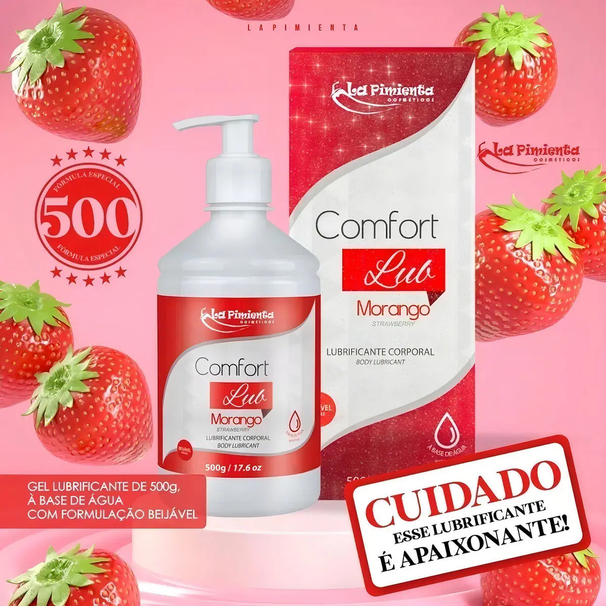 Gel Comfort Lub Aroma Morango, water-based lubricant in a 500g container, with a strawberry scent and transparent gel appearance.