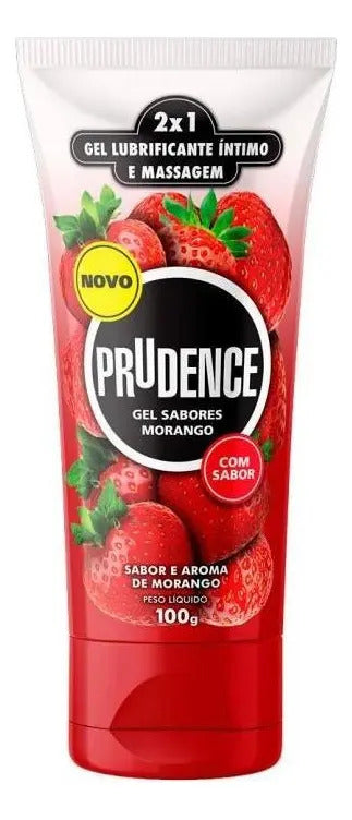 Pink strawberry-flavored intimate gel lubricant in a 100g Prudence bottle, with a clear plastic cap and label details visible.