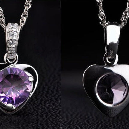 Women's Silver Plated Necklace with Amethyst Purple Stone + Silver Color Earrings