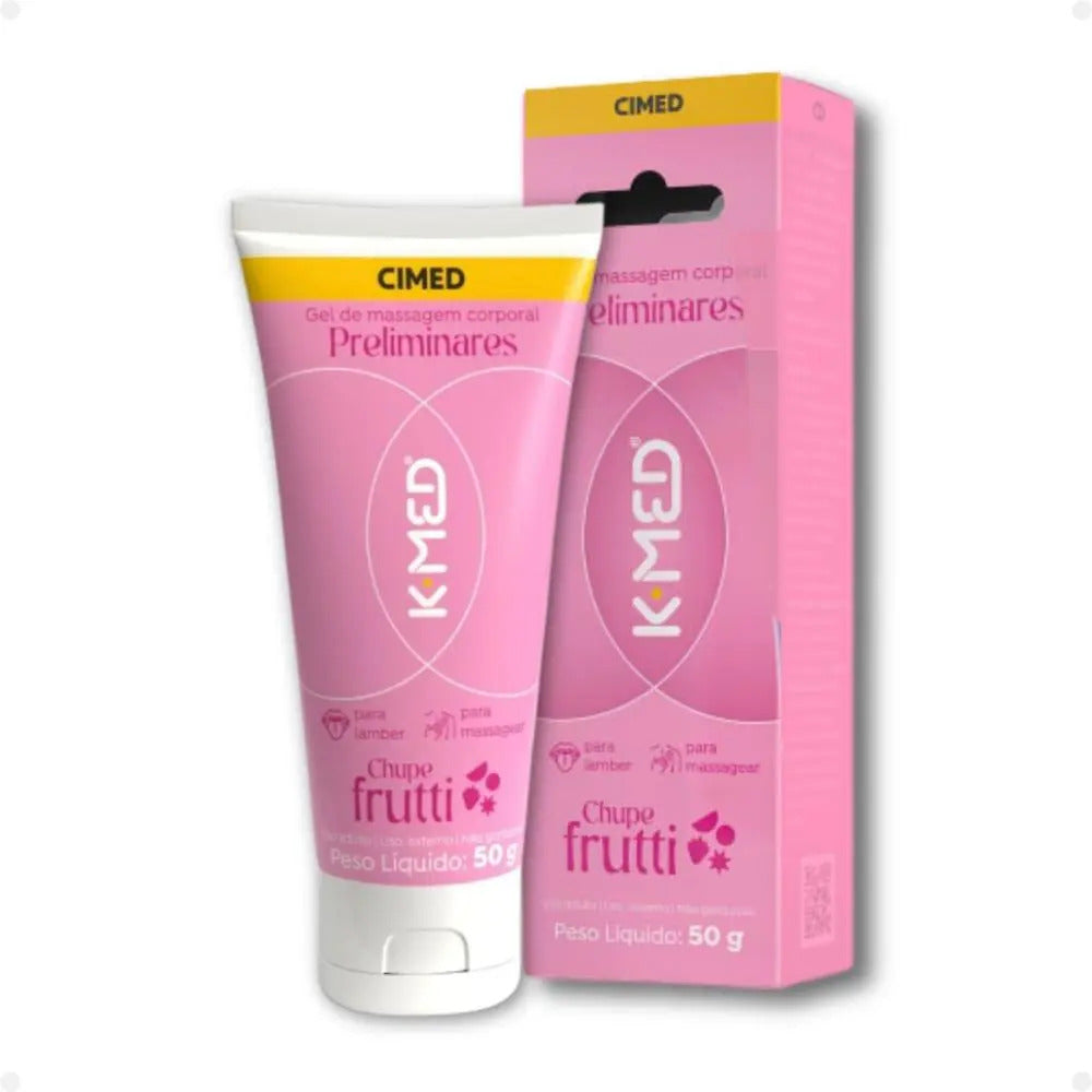 K-med Preliminares lubricant by Cimed in Tutti Frutti flavor, 50g, featuring vibrant packaging and product details.