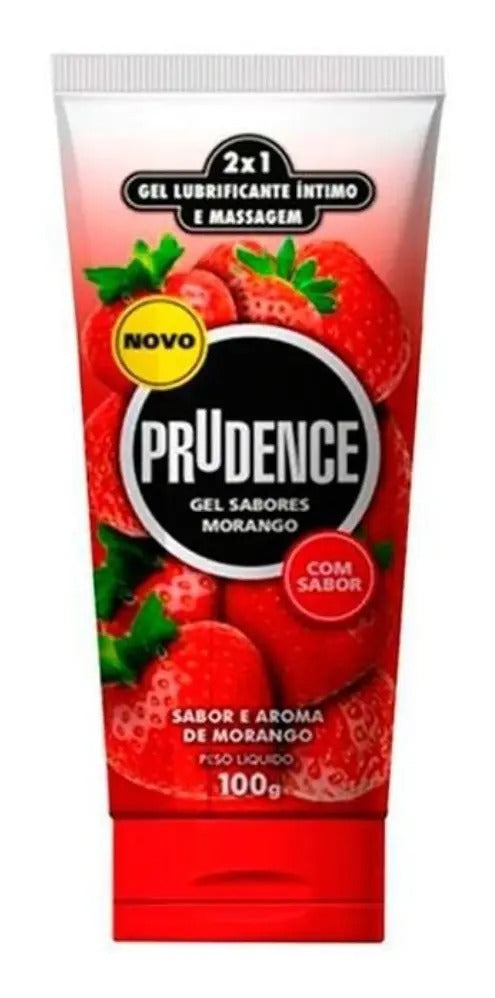 Berry-flavored intimate gel lubricant in a 100g Prudence bottle, featuring a strawberry design and clear packaging.