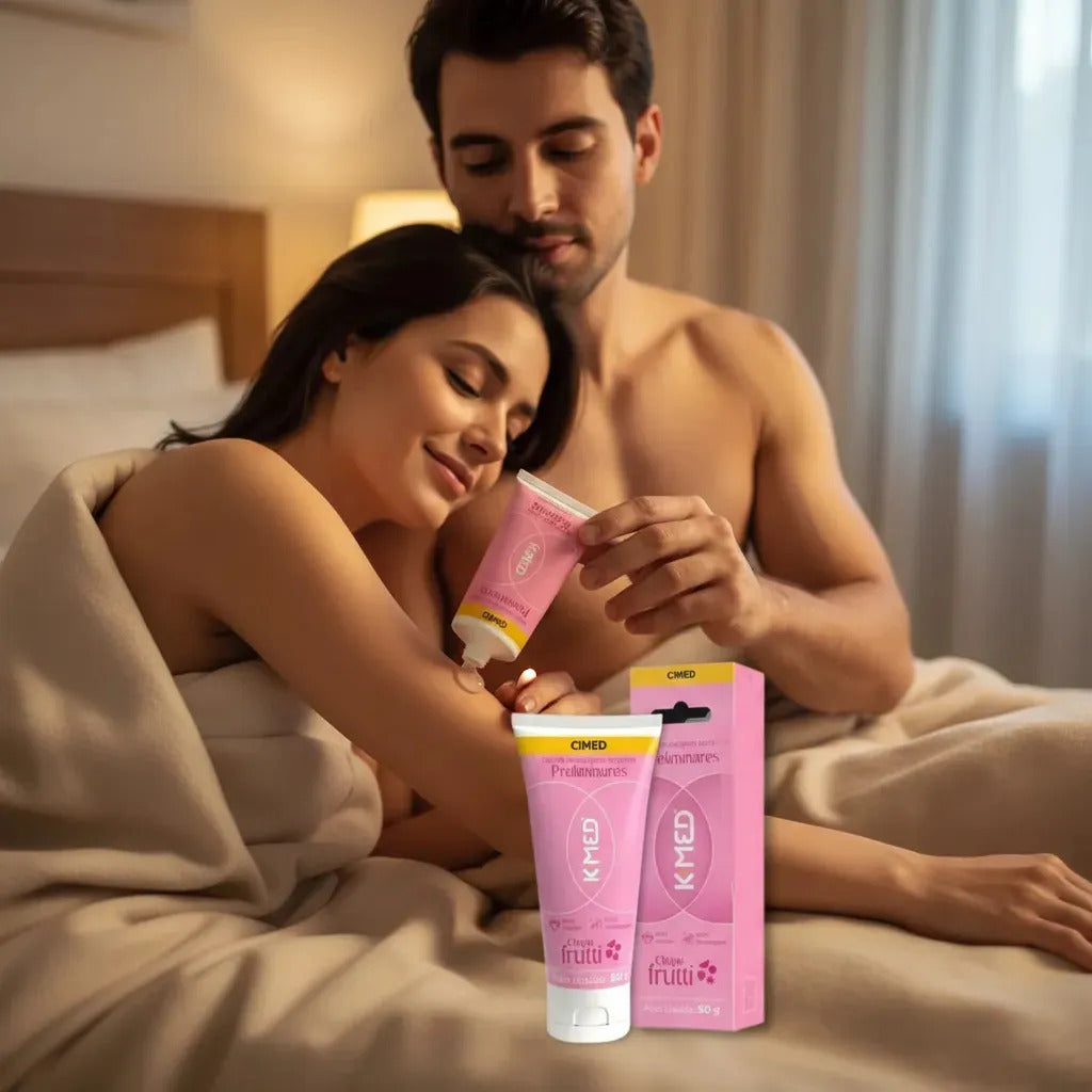 K-med Preliminares lubricant in Tutti Frutti flavor, 50g by Cimed, displayed in a small, colorful container with fruit-themed design.