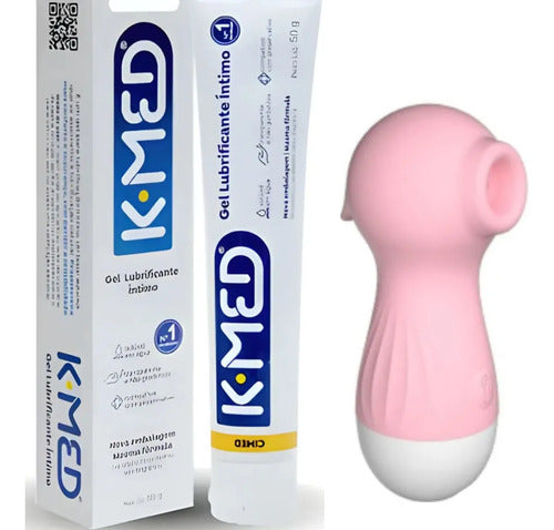 Gel lubrificante íntimo K-med e sugador recarregável, com embalagem e acessórios visíveis, para uso íntimo confortável e seguro.