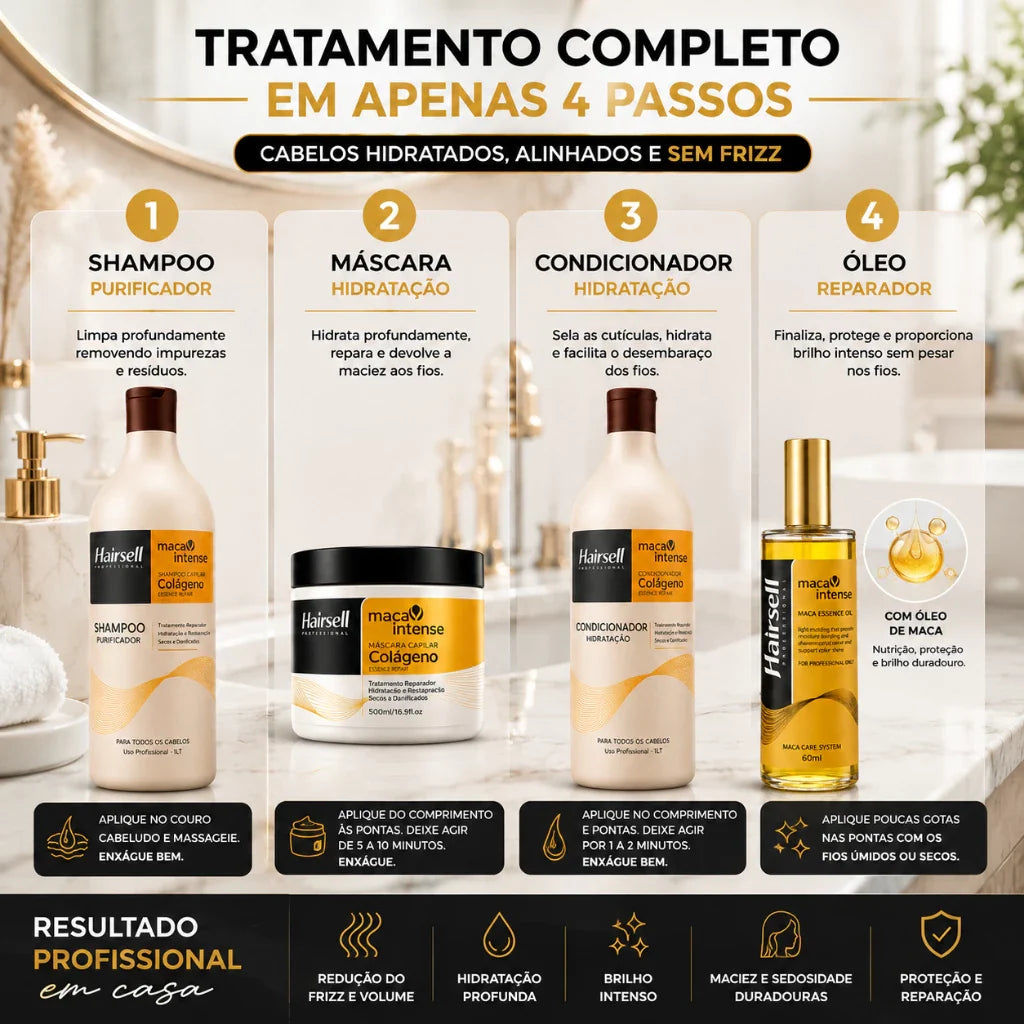 Kit Shampoo + Cond Purificador 1L Máscara Hidratação 500g Óleo Reparador 60ml Hairsell