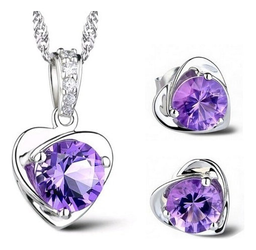 Women's Silver Plated Necklace with Amethyst Purple Stone + Silver Color Earrings - BuyBrazil