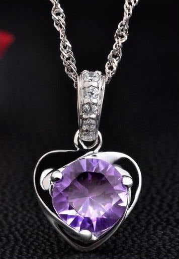 Women's Silver Plated Necklace with Amethyst Purple Stone + Silver Color Earrings - BuyBrazil