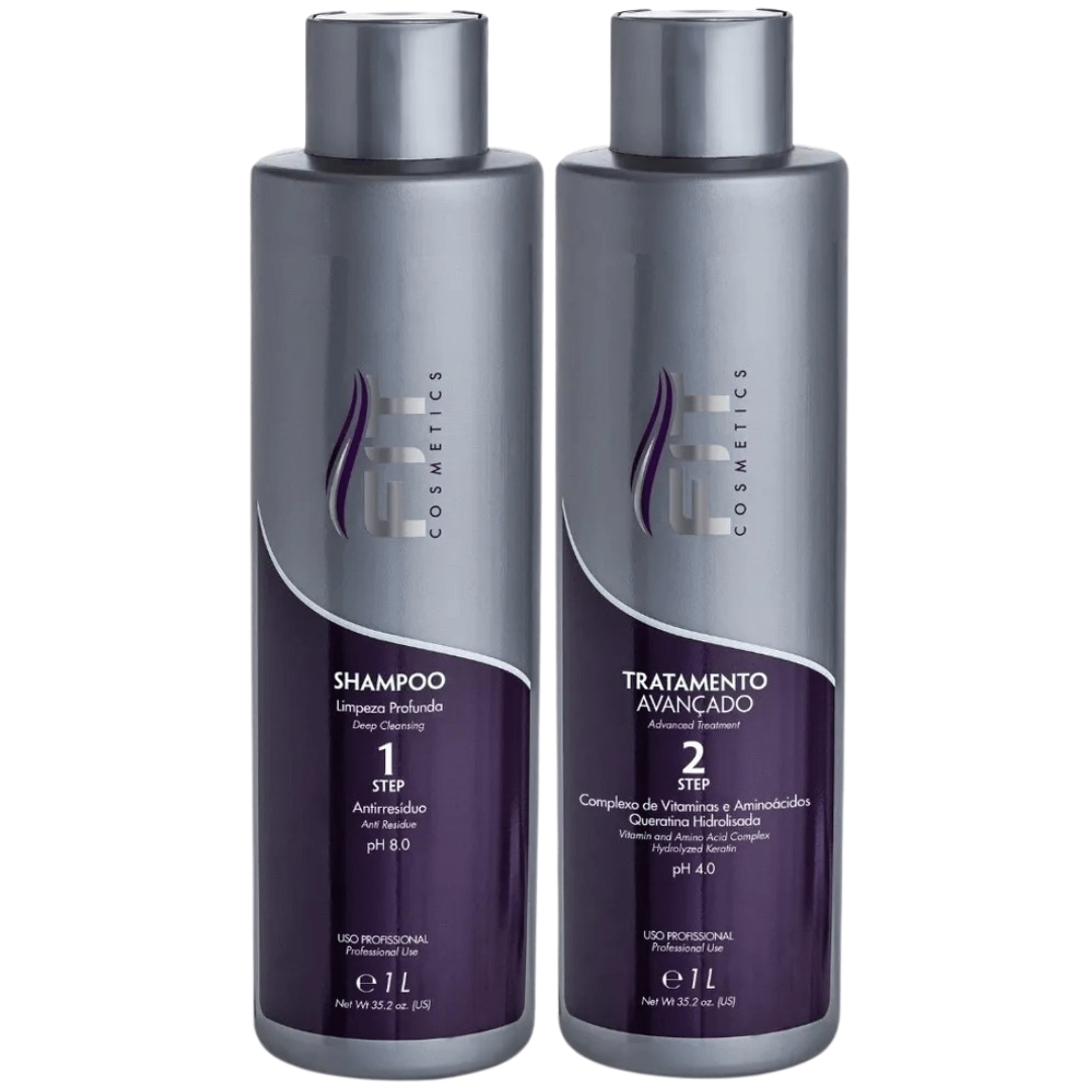 Fit Cosmetics Advanced Treatment Straightening Power hair care kit with two 1L bottles, for professional hair treatment and straightening.