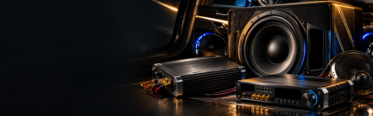 Premium car audio subwoofer, amplifiers and speakers with blue and gold lighting