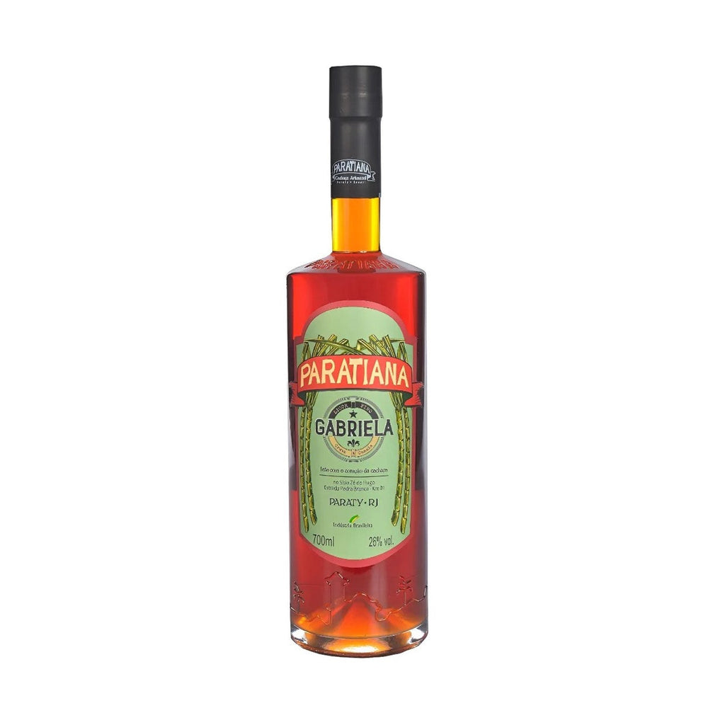 Bottle of Gabriela Paratiana Cachaça Liqueur 700ml with label showing brand name PARATIANA, clear glass bottle with a cap.