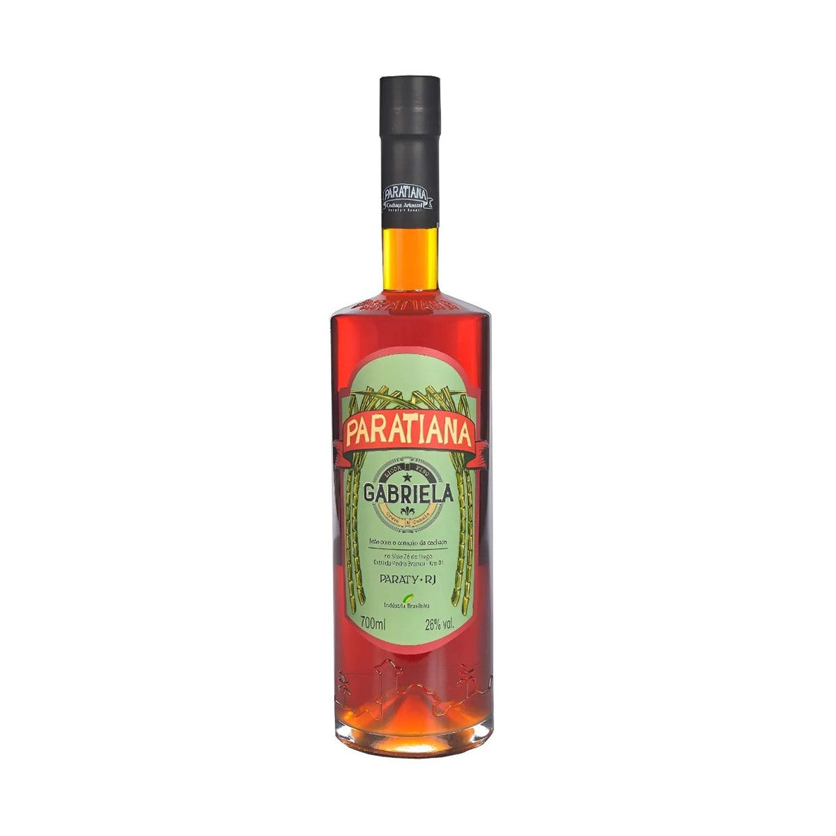 Bottle of Gabriela Paratiana Cachaça Liqueur 700ml with label showing brand name PARATIANA, clear glass bottle with a cap.