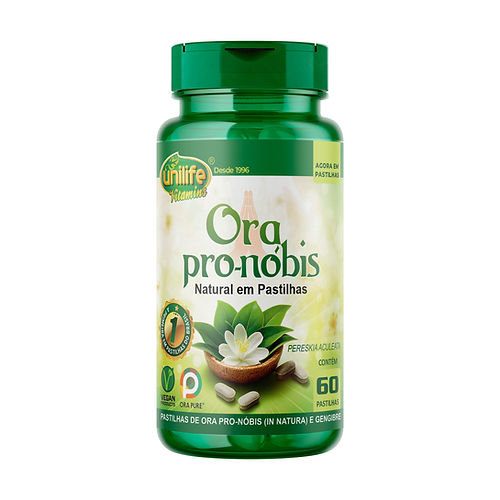 Unilife Natural Ora Pro-Nóbis and Ginger lozenges in a clear package, showcasing the 60 lozenges with herbal ingredients.