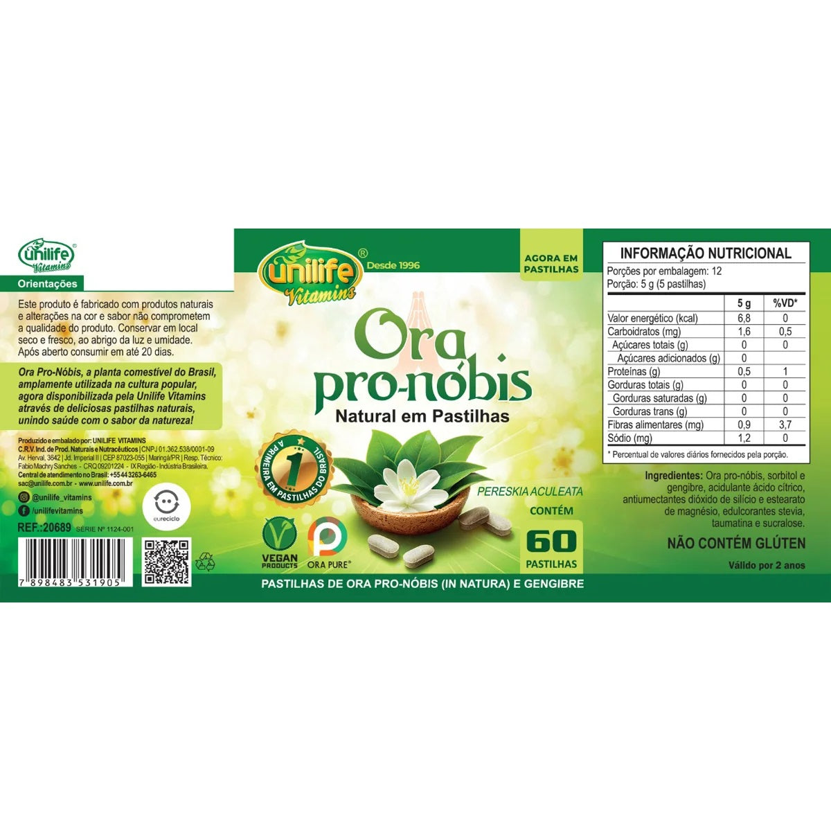Unilife Natural Ora Pro-Nóbis and Ginger lozenges package with 60 lozenges, showing the product label and ingredients.